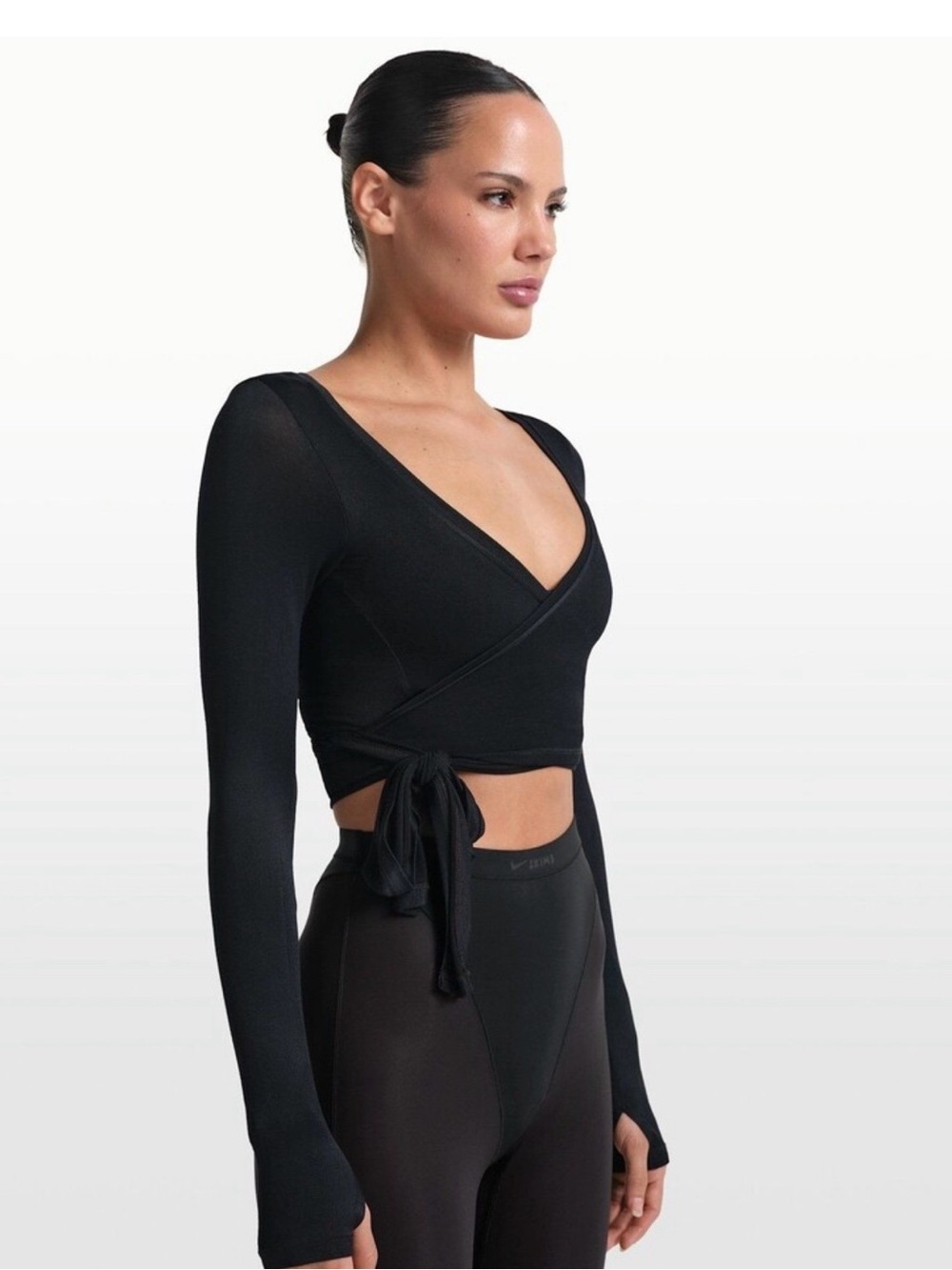 NIKE SKIMS (sold out online ) Black Long-Sleeve Wrap Crop Top with Side Tie med